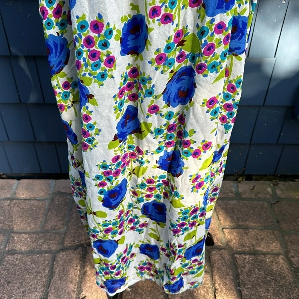 💙🩵💚Vintage, gorgeous floral, handmade caftan dress maxi mumu white blue - Picture 5 of 11